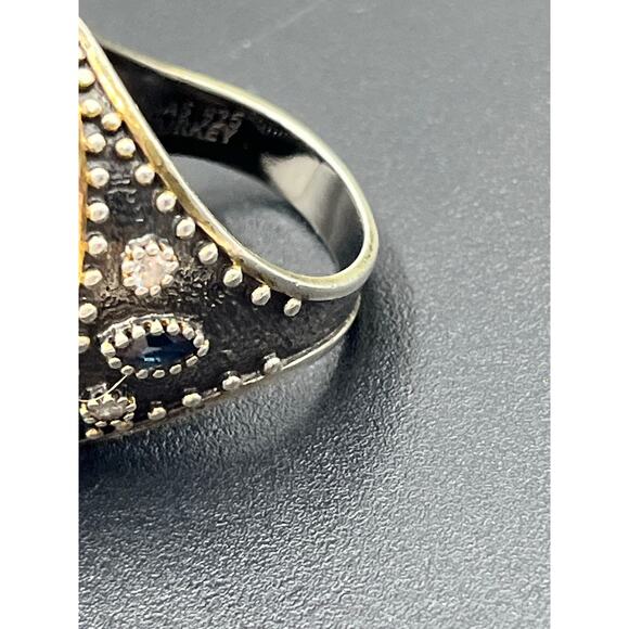 JAS Turkey Sterling Silver Lapis Lazuli, CZ, Blue Sapphire Two Tone Ring Sz 8 - Picture 8 of 13